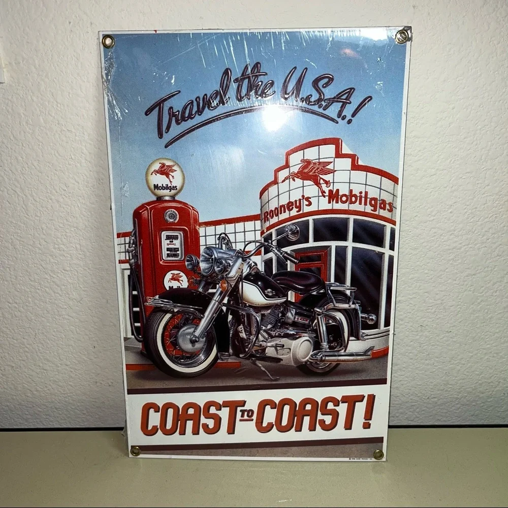 Retro 1998 Ande Rooney Travel The USA Coast To Coast Mobil Metal Sign New sealed